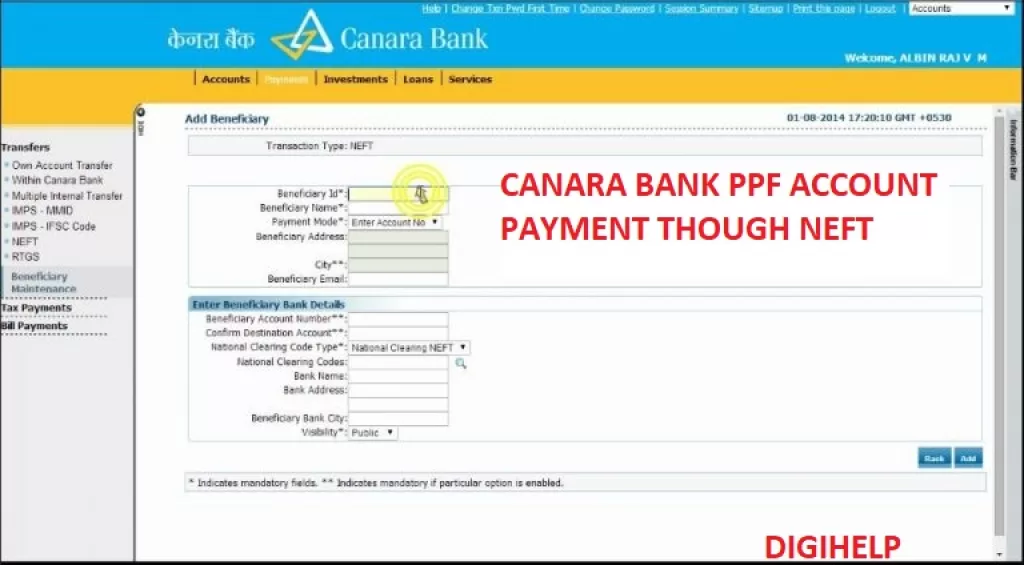 Canara Bank PPF Payment Through NFFT