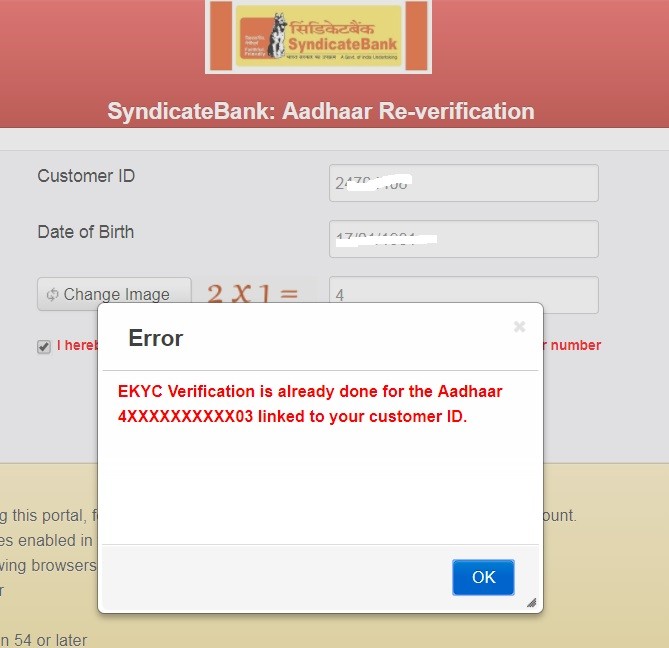 How To Re verify Aadhaar in Syndicate Bank Account ?