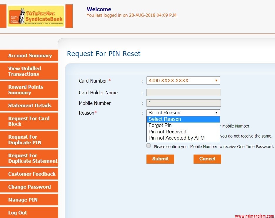 Create Credit Card Green PIN of Syndicate Bank Online